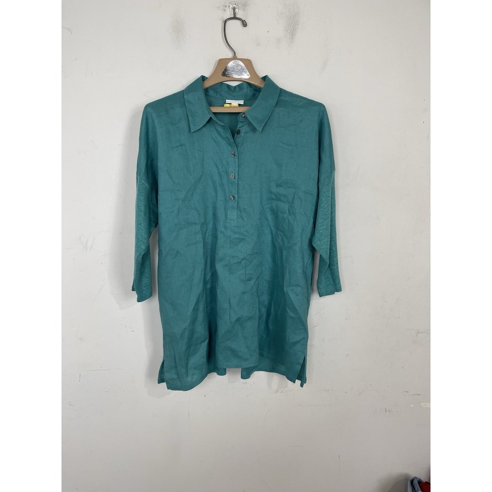 J Jill Womens Shirt Medium Love Linen Beachy Preppy Coastal Popover Teal Green